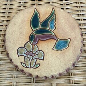 Vintage 70s Nan Groves Art Pottery Stoneware Trivet Bread Tile Hummingbird